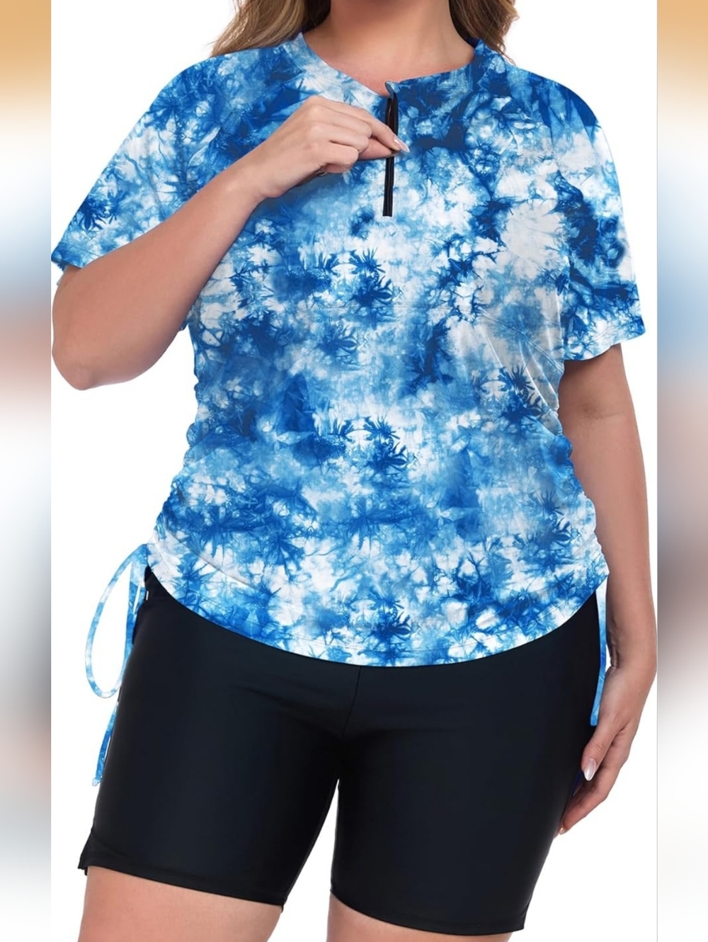 Blue and White Tie-Dye Short Sleeve Rashguard Swimsuit